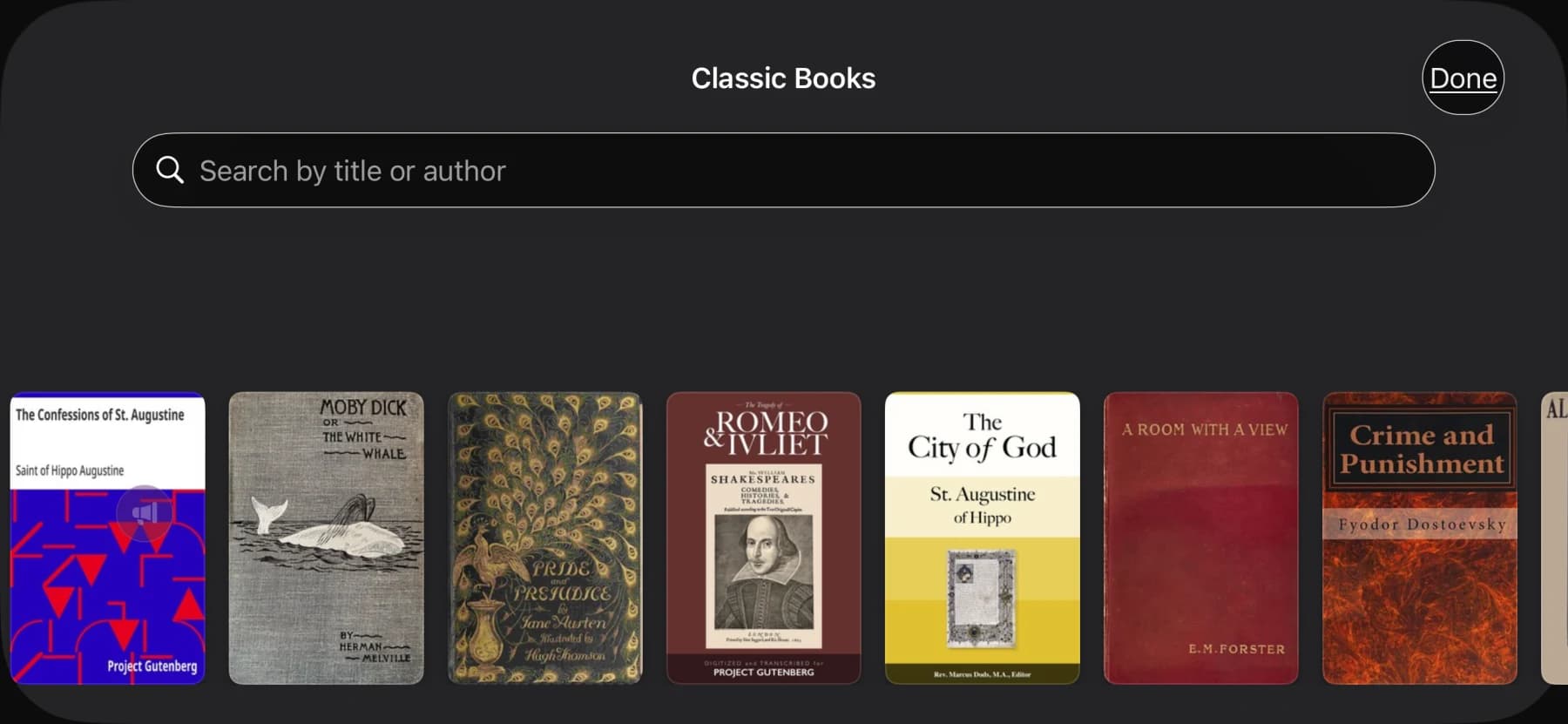 The Classic Books browser on iPhone, showing cover art for Moby Dick, Pride and Prejudice, and Romeo and Juliet