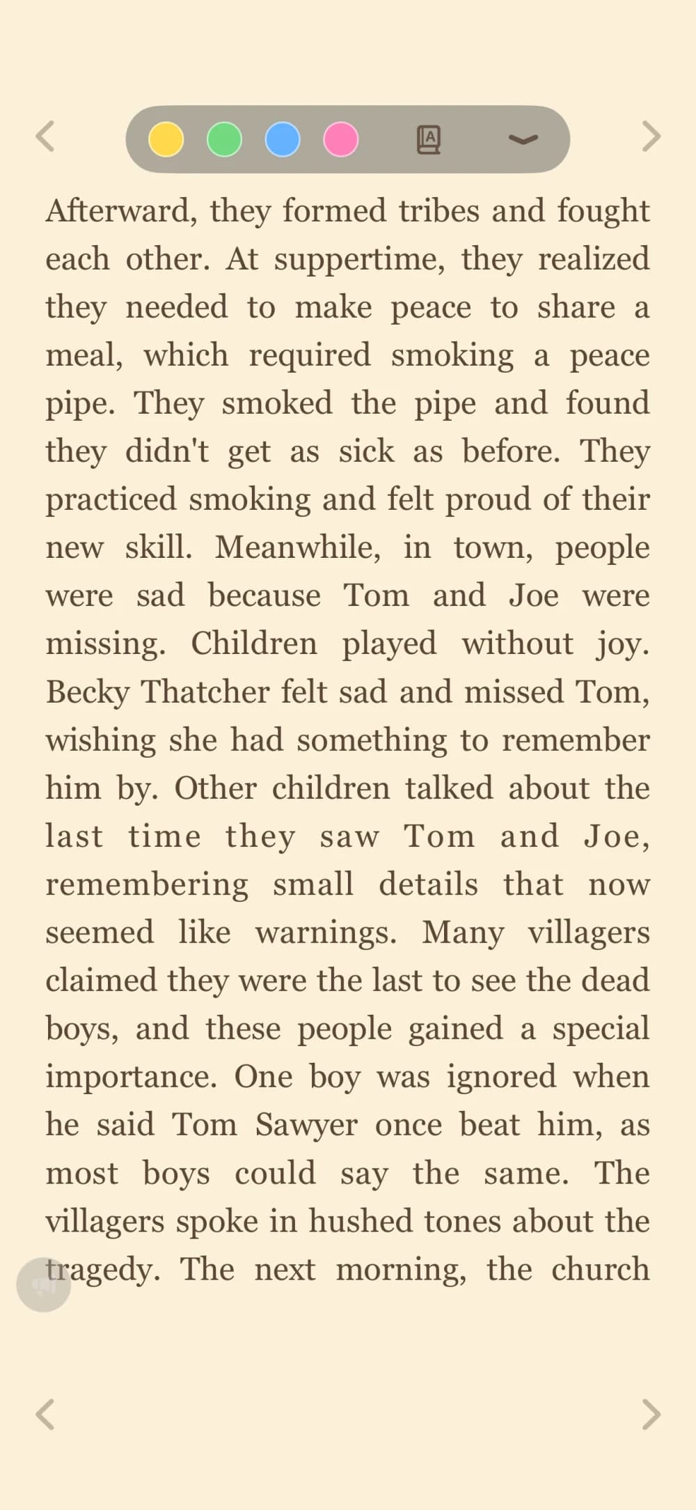 PyScroller on iPhone: a scanned book rendered as a clean sepia page, with the highlight toolbar open