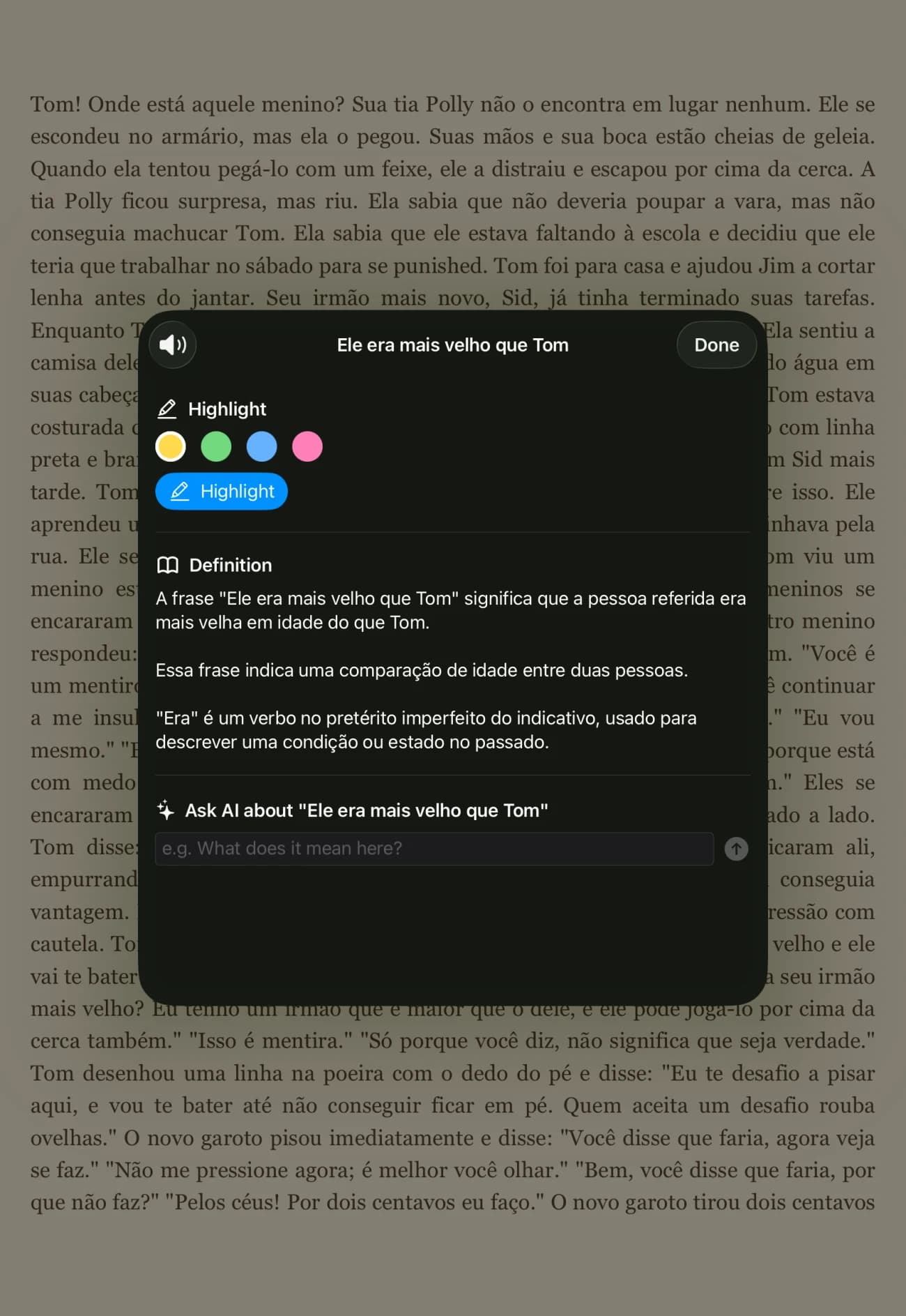 A selected phrase on iPad offering Highlight, a contextual Definition, and Ask AI about this passage