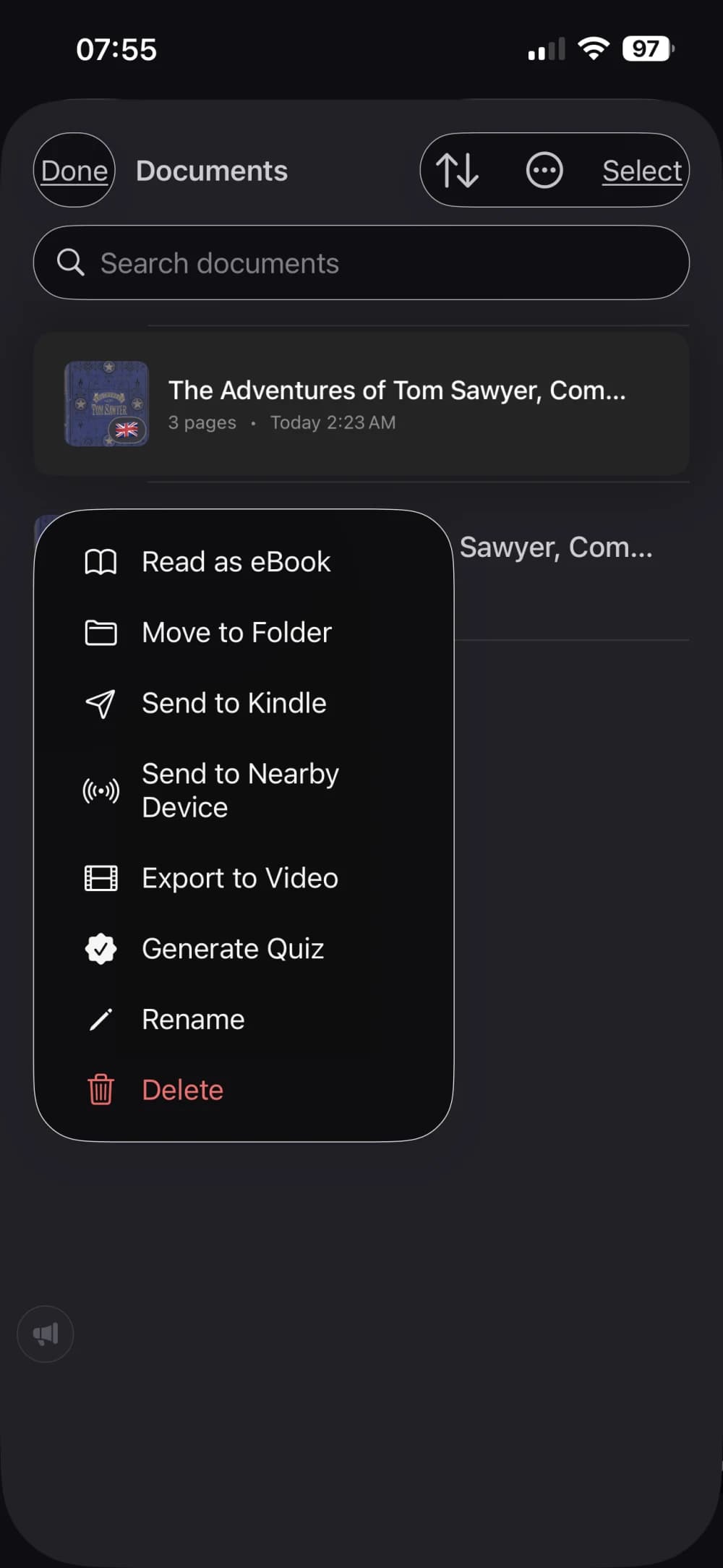 The documents list on iPhone, with options to read as an eBook, send to Kindle, export, or generate a quiz