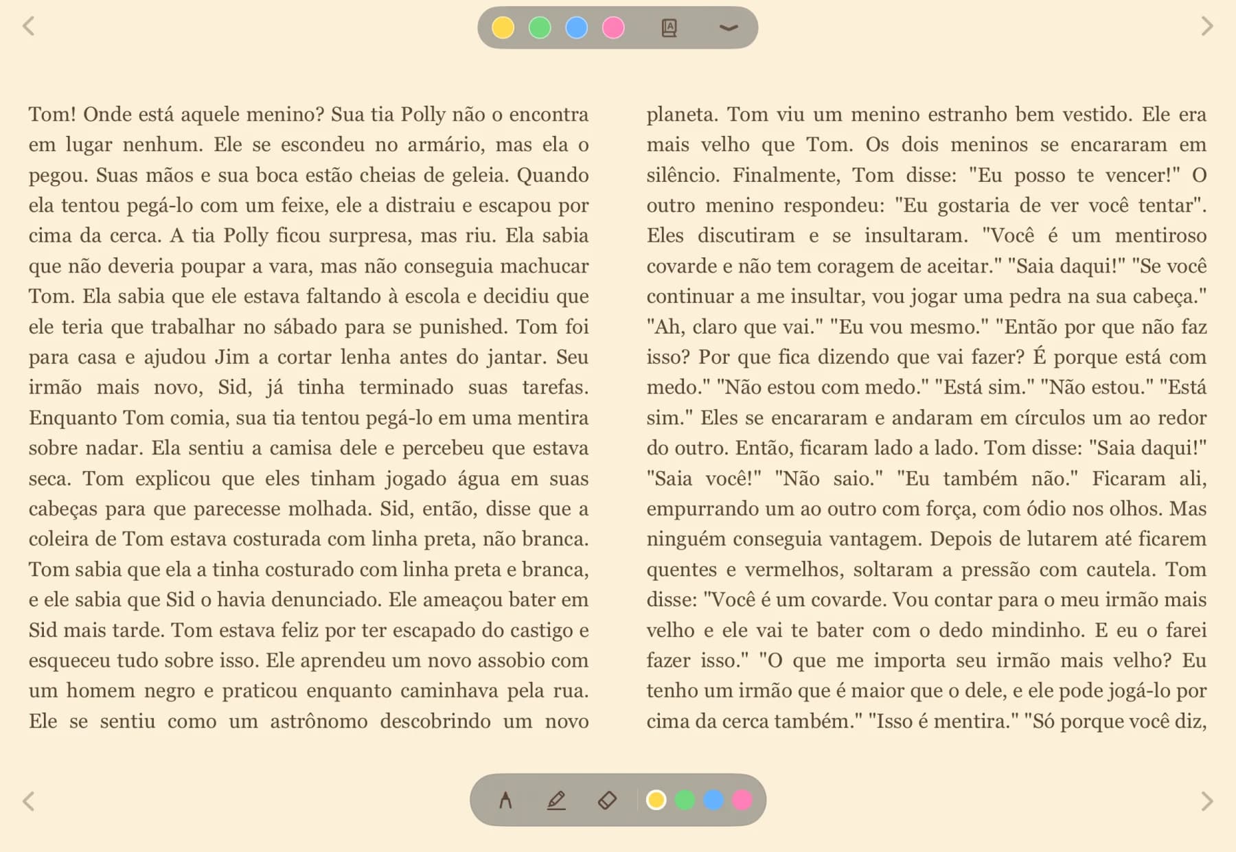 eBook mode on iPad: a scanned book reflowed into two columns of warm sepia page, translated to Portuguese