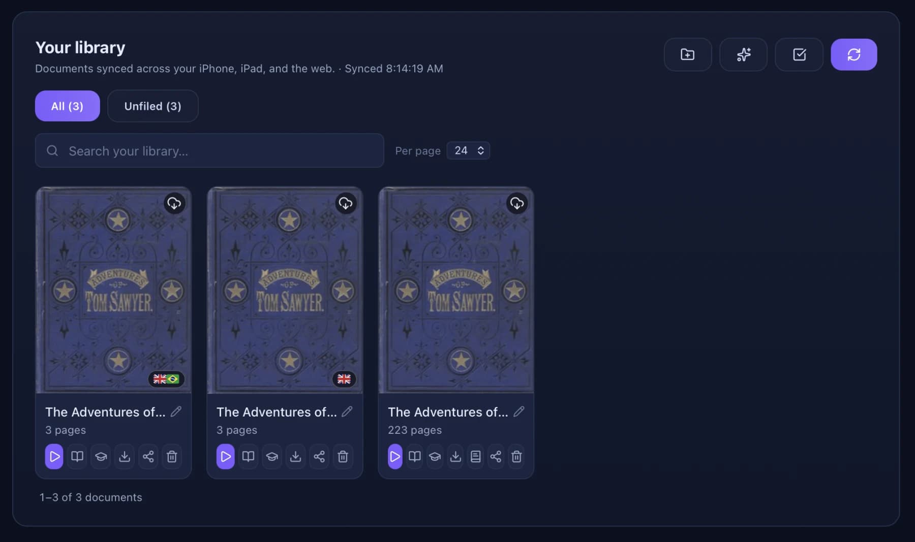 Your library in the PyScroller web app, with each book flagged by the language it was translated into