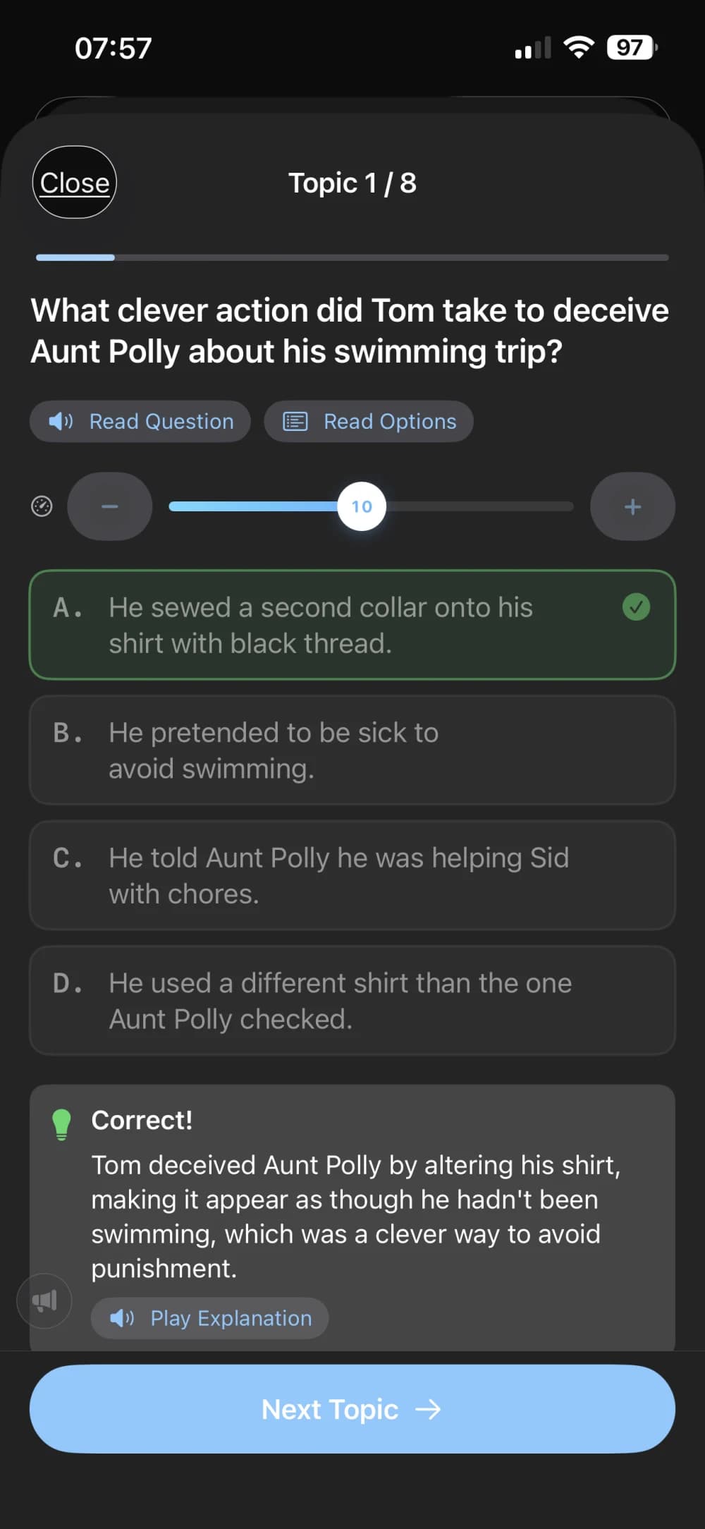 A quiz question answered correctly on iPhone, with an explanation and a Next Topic button