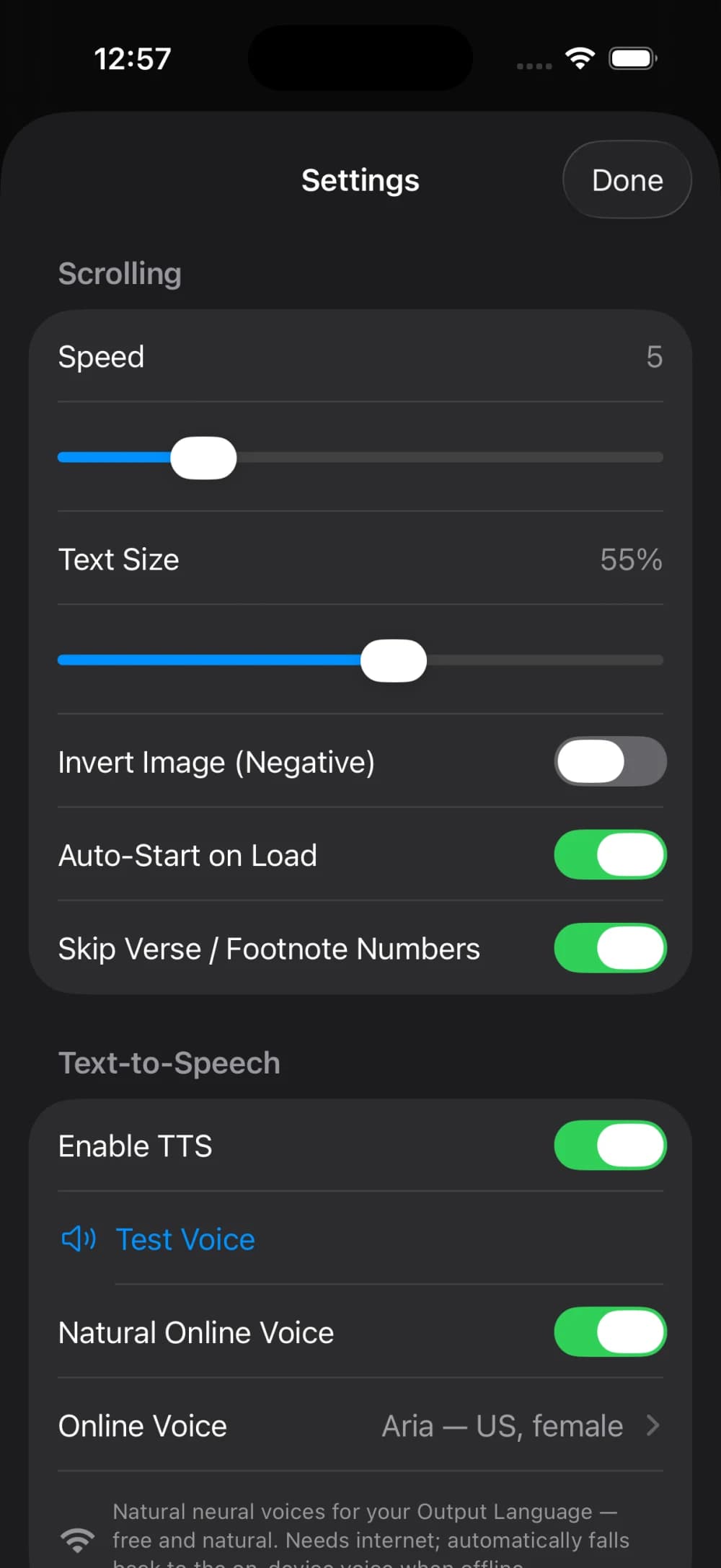PyScroller settings on iPhone: scrolling speed, text size, invert, auto-start, and text-to-speech voice options
