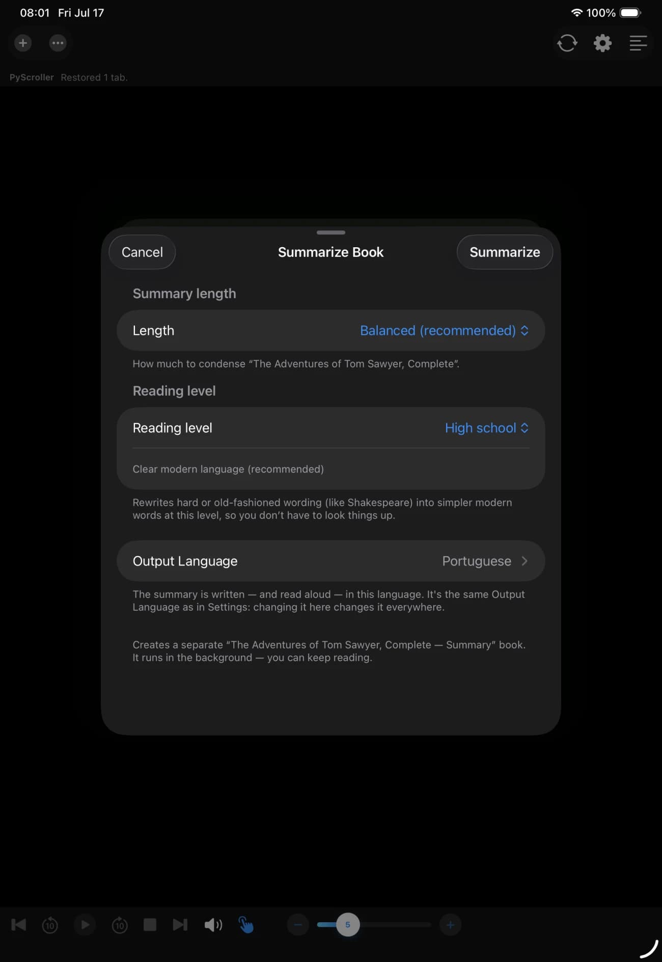 The Summarize Book dialog on iPad: length, reading level, plain-language toggle, and output language set to Portuguese