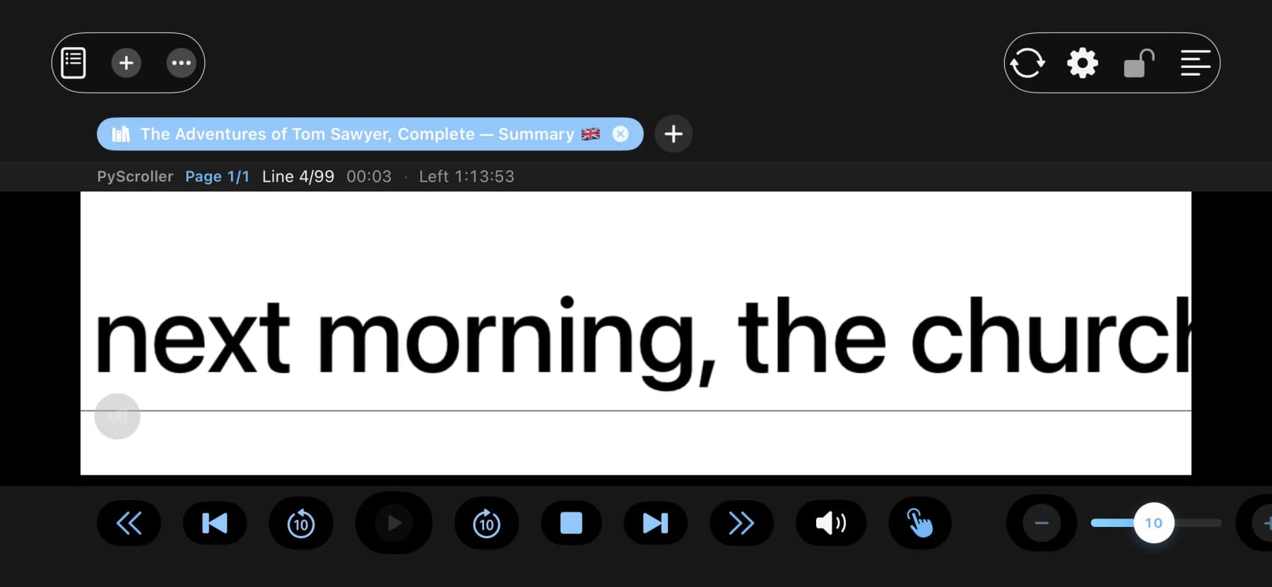 PyScroller's teleprompter reader on iPhone, mid-playback, showing page and line position and time remaining