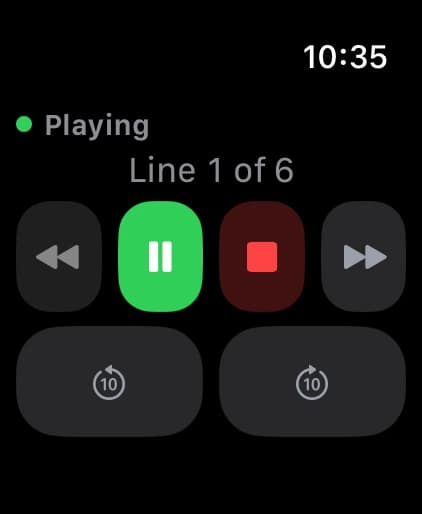 PyScroller on Apple Watch Ultra, playing a book aloud with line position and transport controls